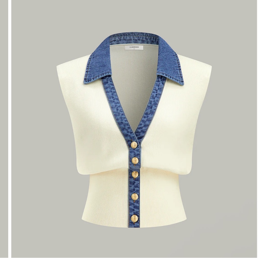 Commense Denim Trim Knit Vest with Metal Buttons size small Color offwhite - Picture 2 of 4